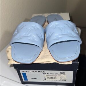 Louis Vuitton Revival Flat Mule Light Blue Embossed Sandals